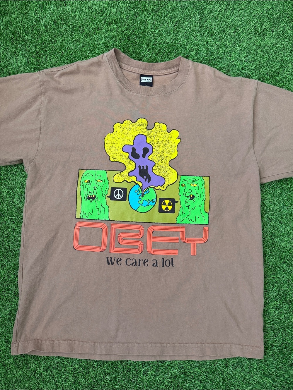 Obey Brown Tee with Bold Neon Graphic